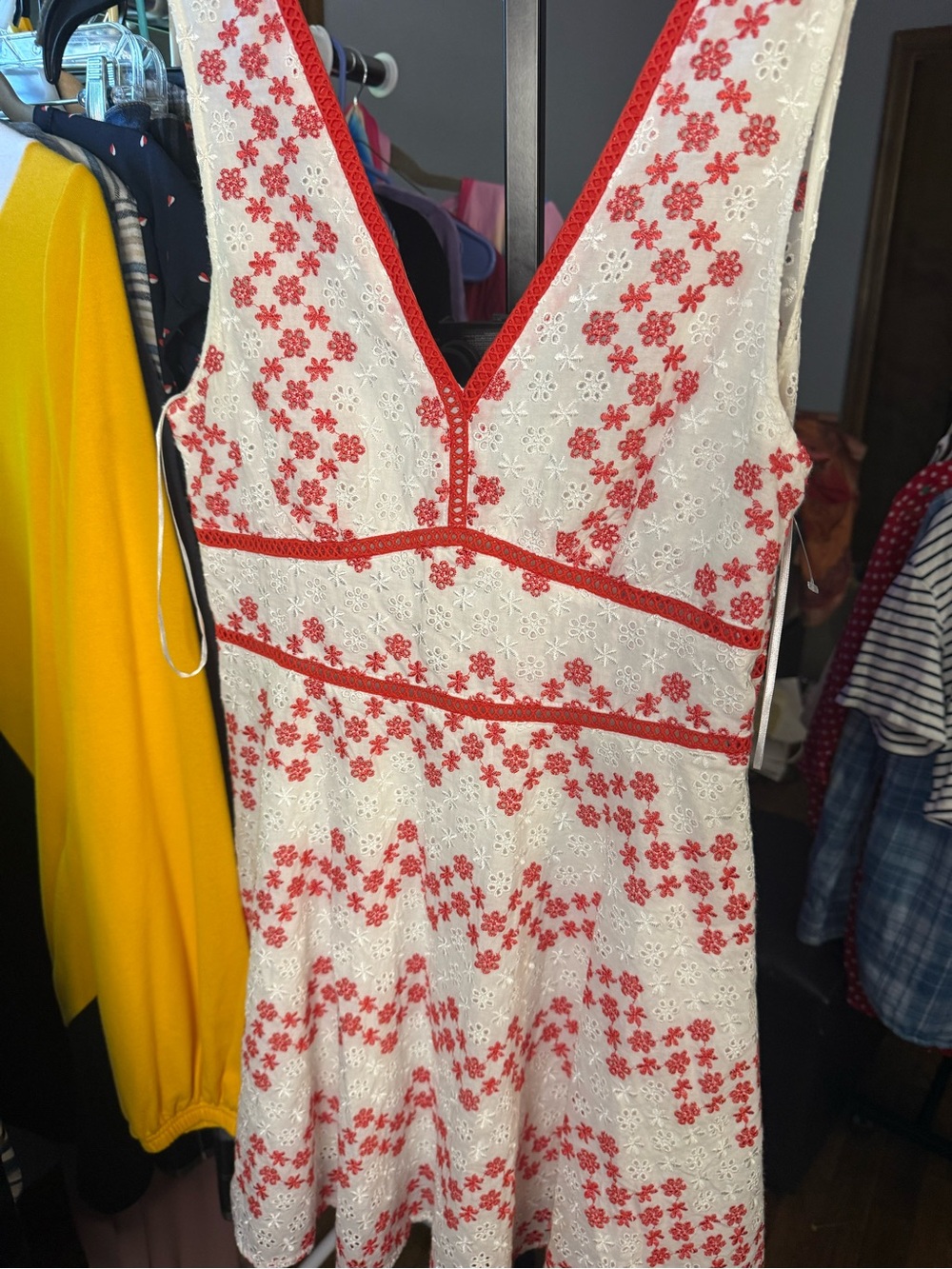Blue Rain White Eyelet Dress with Red Floral Embroidery